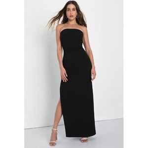 Lulus Black Strapless Column Maxi Dress Chiffon‎ side Slit Size M